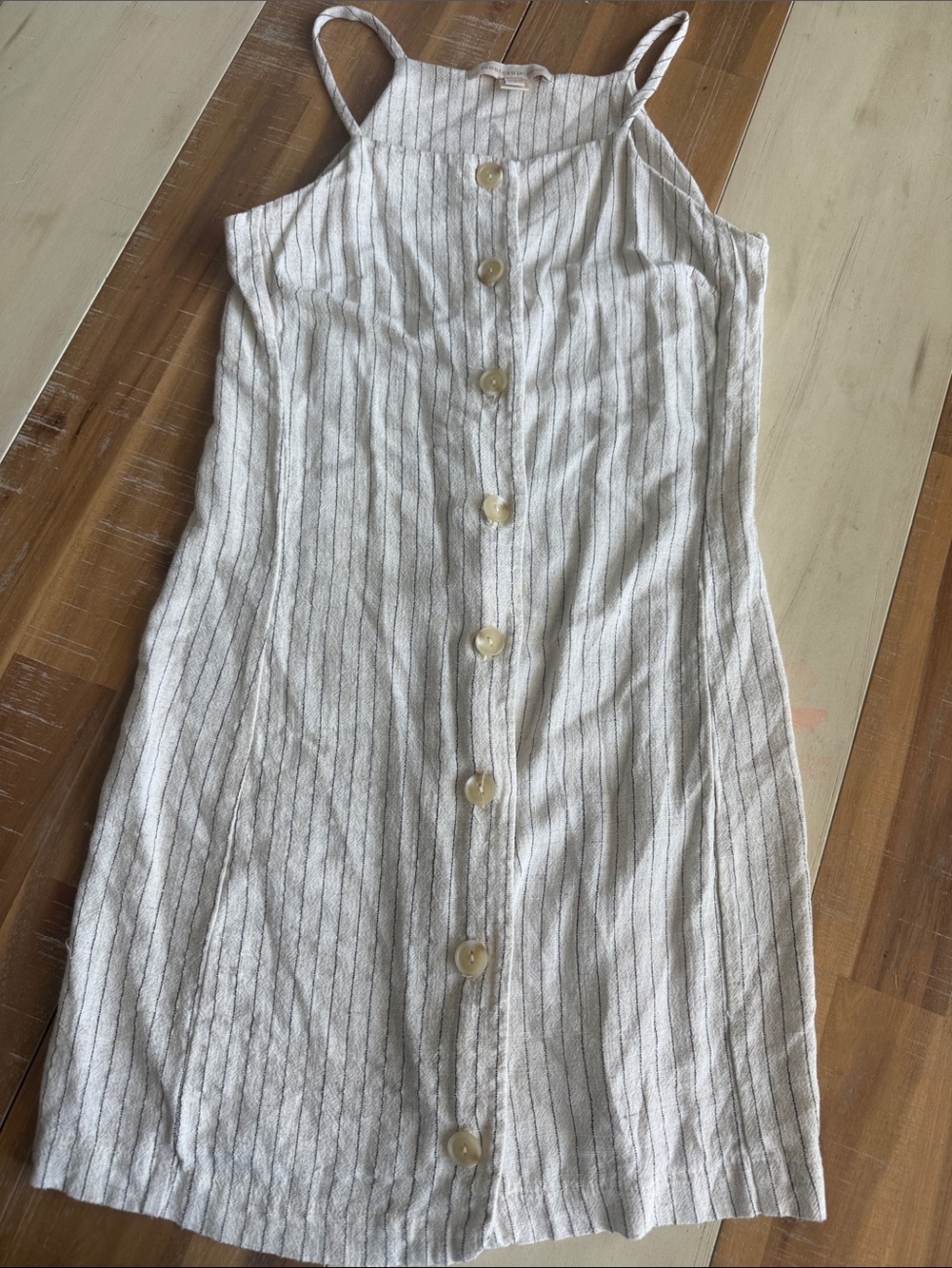 Striped White Button-Front Mini Dress with Spaghetti Straps